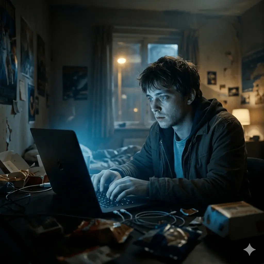 Young man coding on a laptop at a messy desk in a dark room at night with blue screen light.